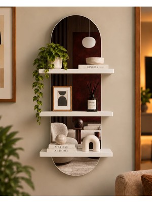 Soprano Koyu Ahşaplı Modern Salon Temalı 3 Raflı Oval Duvar Rafı, 70 x 25 Cm, Mdf