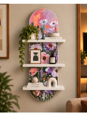 Soprano Pembe Suluboya Çiçekler Temalı 3 Raflı Oval Duvar Rafı, 70 x 25 Cm, Mdf