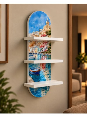 Soprano Renkli Sahil Kasabası Temalı 3 Raflı Oval Duvar Rafı, 70 x 25 Cm, Mdf