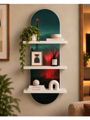 Soprano Karanlık Ormanda Kırmızı Işık Temalı 3 Raflı Oval Duvar Rafı, 70 x 25 Cm, Mdf