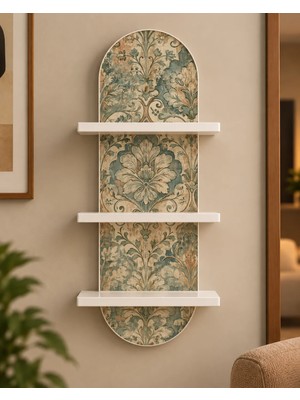 Soprano Vintage Çiçekli Desen Temalı 3 Raflı Oval Duvar Rafı, 70 x 25 Cm, Mdf