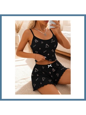 Bezos Kadın Love Yazılı ve Kalp Desenli Dantel Askılı Şortlu Pijama Takımı 5262 · Beden: S/m · Renk: Siyah Btkfz