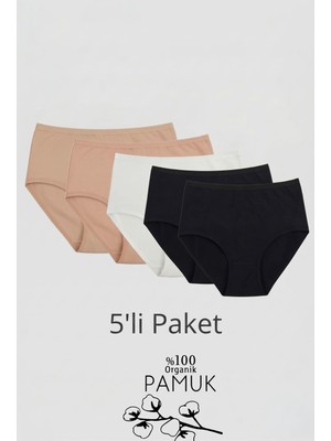 Qulothes 5 Li Paket Pamuklu Yüksek Bel Hava Alan Raporlu Kumaş Kadın Külot