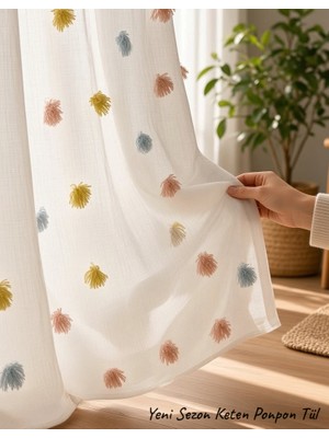 Groster Spor Yeni Sezon (Çiçek Detaylı) Ponpon Foldet Keten Tül Perde, Pileli,premium Kalite,ağır Gramajlı Ütü Istemez,püsküllü Çocuk Odası Tül