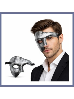 Bezos Antik Eskitme Gümüş Erkek Yarım Maske - Phantom & Balo Maskesi Dlra