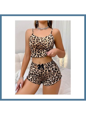 Bezos Kadın Leopar Desenli Askılı Şortlu Pijama Takımı 5239 · Beden: L/xl · Renk: Kahverengi Btkfz