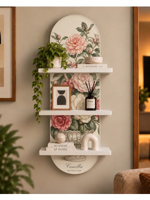 Soprano Botanik Vazoda Pembe Kamelyalar Temalı 3 Raflı Oval Duvar Rafı, 70 x 25 Cm, Mdf