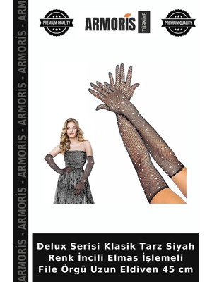 Armoris Delux Serisi Klasik Tarz Siyah Renk Incili Elmas Işlemeli File Örgü Uzun Eldiven 45 cm