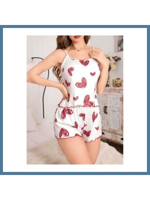 Bezos Kadın Beyaz Kalp Desenli Şortlu Gecelik Pijama Takımı 5052 · Beden: L/xl · Renk: Beyaz Btkfz
