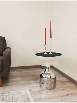 Ravéon Yan Sehpa Dekoratif Parlak Beyaz Kısa Model Krom Sehpa 50 cm