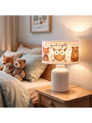 Homing Baykuşlu Kumaş Baskılı Çocuk Odası Abajur