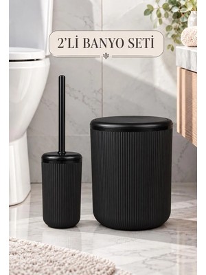 Okyanus Home Siyah Çizgili Yuvarlak 2'li Wc Kova ve Fırça Seti Suya Dayanıklı Malzeme ile