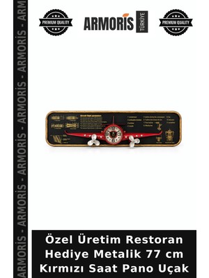 Armoris Özel Üretim Restoran Hediye Metalik 77 cm Kırmızı Saat Pano Uçak