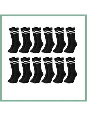 Bşk Virgo Unisex Siyah Çorap Beyaz Çizgili 12'li Set Uzun Soket Günlük Spor Kolej Stil Kadın Erkek Çorabı BSK2026