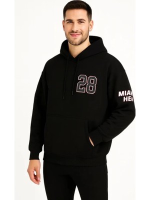 Üç Iplik Kapüşonlu Ön ve Arka Baskılı Sweatshirt Hoodie - Siyah