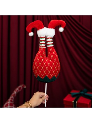 Dekorsende Yılbaşı Süsü Elf Ayağı Kadife ve Desenli Çubuklu Kırmızı 54 cm