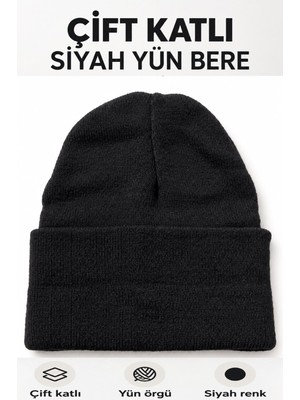 Güzelyüz Avm Unisex Siyah Kışlık Yün Bere Çift Katlı Sıcak Tutan Bere