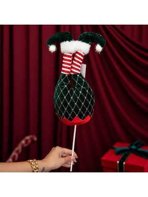 Dekorsende Yılbaşı Süsü Elf Ayağı Kadife ve Desenli Çubuklu Yeşil 54 cm