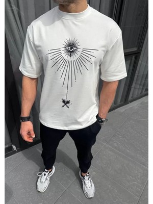 Unisex Bisiklet Yaka Baskılı Oversize T-Shirt - Beyaz