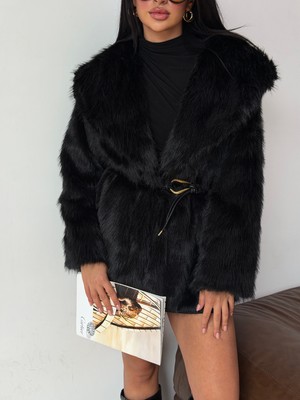 Dut Store Kadın Siyah Kemerli Şal Yaka Ara Boy Premium Suni Kürk Mont