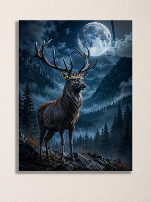 North Whiskers Geyik ve Dolunay A3 Metal Poster – Ay Işığında Orman ve Dağ Manzaralı Dekoratif Duvar Tablosu