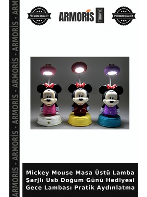 Armoris Mickey Mouse Masa Üstü Lamba Şarjlı USB Doğum Günü Hediyesi Gece Lambası Pratik Aydınlatma