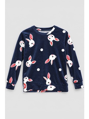 Markapia Woman Kız Çocuk Tavşan Desenli Yumuşak Kadife Dokulu Lacivert Pijama Takımı