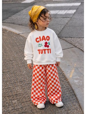 Cg Kids Kiraz Baskılı Ciao Tutti Sweatshirt ve Ekose Desenli Turuncu Eşofman Kız Çocuk 3ip Alt Üst Takım