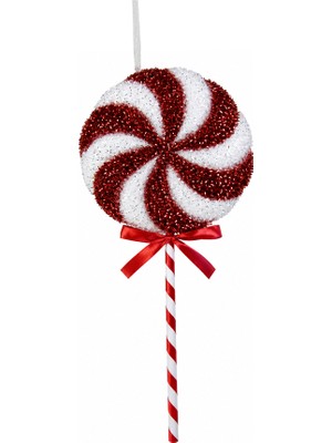 Dekorsende Yılbaşı Süsü Şeker Lolipop Dal Simli Spiral Kırmızı Beyaz 48 cm