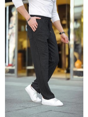Erkek Cizgili Dokuma Krep Jogger Buggy Pantalon Rahat Kalıp - Siyah