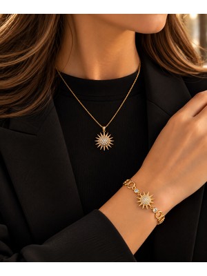 Adata Jewelry Çelik 2li Kadın Zirkon Taşlı Güneş Model Kolye Bileklik Seti Gold Renk