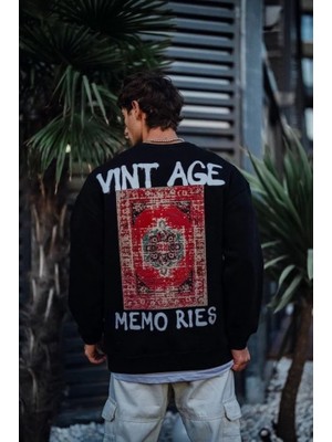 Oversize Bisiklet Yaka Üç Iplik Baskılı Sweatshirt - Siyah