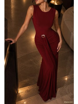 Gülseli Kadın Bel Büzgülü Likralı Sıfır Kol Elbise P-00023381