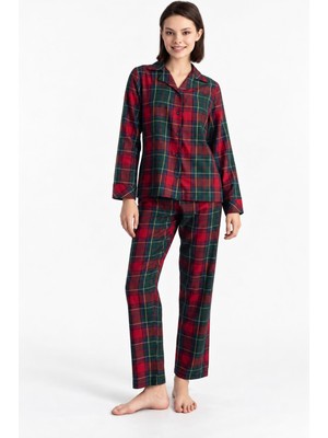 Sevim Kadın Uzun Kollu Önden Düğmeli Ekose Desenli Kırmızı Pijama Takımı C6T7N381
