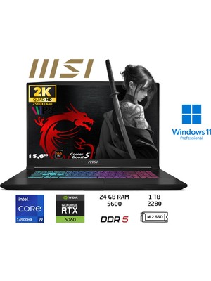 MSI Msı Katana 15 Hx B14WFK Intel Core I9 14900HX 24GB 1tb SSD RTX5060 W11 Pro 15.6"qhd 165Hz 450XTR Taşınabilir Bilgisayar Duddi