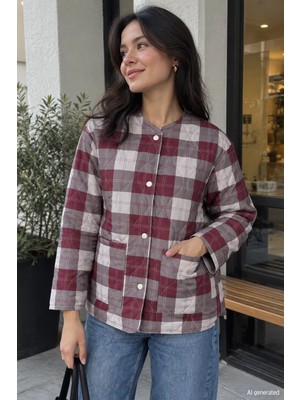 Gülseli Kadın Ekose Desenli Ön Çıtçıtlı Kapitone Mont P-00023356