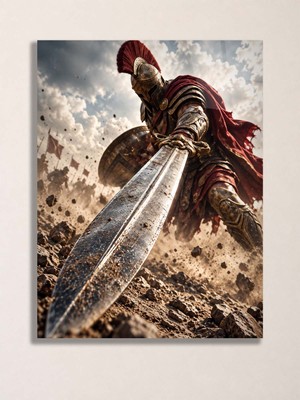 North Whiskers Spartalı Savaşçı A3 Metal Poster – Antik Yunan Miğferli Asker, Kılıç ve Kalkanlı Epik Savaşçı Duvar Tablosu