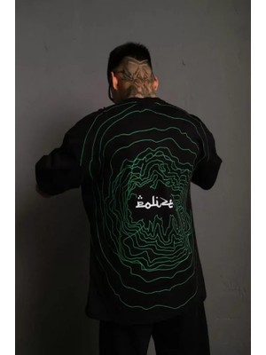 Erkek Bisiklet Yakalı Sırt Baskılı Oversize T-Shirt - Siyah
