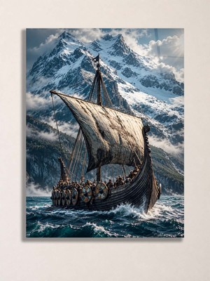 North Whiskers Viking Gemisi A3 Metal Tablo – Viking Savaşçıları, Iskandinav Fiyortları ve Karlı Dağ Manzaralı Dekoratif Duvar Tablosu
