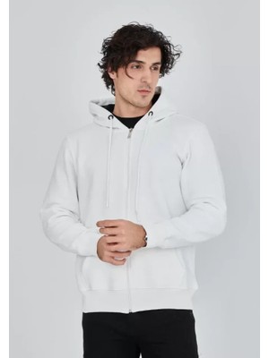 Unisex Tam Fermuarlı Kapşonlu  Sweatshirt - Beyaz