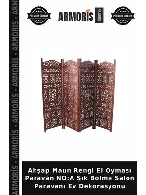 Armoris Ahşap Maun Rengi El Oyması Paravan No:a Şık Bölme Salon Paravanı Ev Dekorasyonu