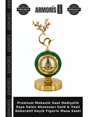 Armoris Premium Mekanik Saat Hediyelik Eşya Salon Aksesuarı Gold & Yeşil Dekoratif Geyik Figürlü Masa Saati