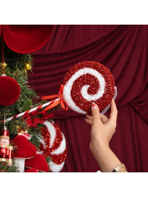 Dekorsende Yılbaşı Süsü Şeker Lolipop Dal Simli Dönence Kırmızı Beyaz 48 cm