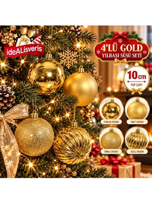 Bkmc Yılbaşı Ağaç Süsü Altın Gold Top 4'lü Set 10 cm Farklı Desenli Çam Ağacı Süsü Lüks Gold Desenli  Ağaç Süsleme Topu