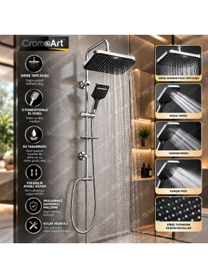 Cromeart CRM410 Krom Tepe Duş Seti – Yağmur Etkili Geniş Başlık, El Duşu ve Modern Banyo Duş Sistemi