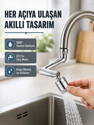 Royaleks 2 Modlu 1080° Dönebilen Musluk Başlığı Esnek 3 Eklemli Hareketli Tasarım