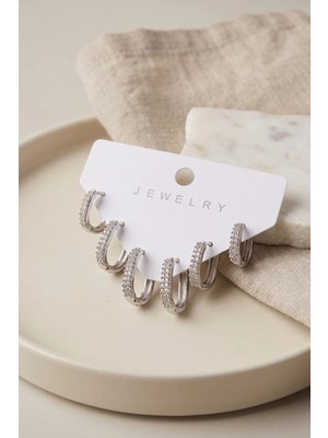 Gümüş Renk Zirkon Taşlı Pirinç Oval Kare Model Kadın Küpe Seti TJ-BKP12174