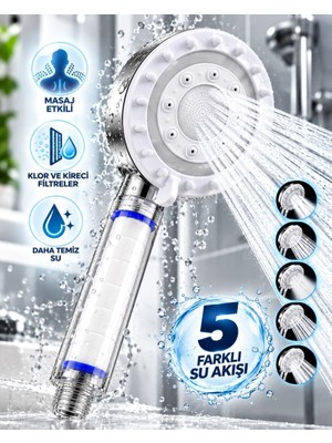 Royaleks Klor ve Kireç Filtreli Duş Başlığı 5 Farklı Su Akışı Masaj Etkili Filtreli Duş Başlığı
