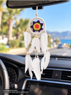 Araba Dikiz Ayna Süsü Renkli Örgü Detaylı Beyaz Tüylü Düş Kapanı Dreamcatcher Duvar ve Oda Süsü