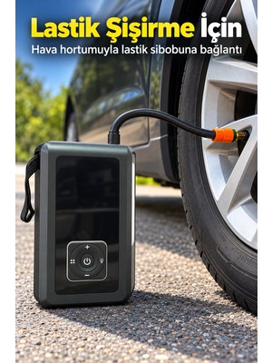 Mestore Araç Için Lastik Şişirme Pompası ve LED Aydınlatmalı Akü Takviye Cihazı